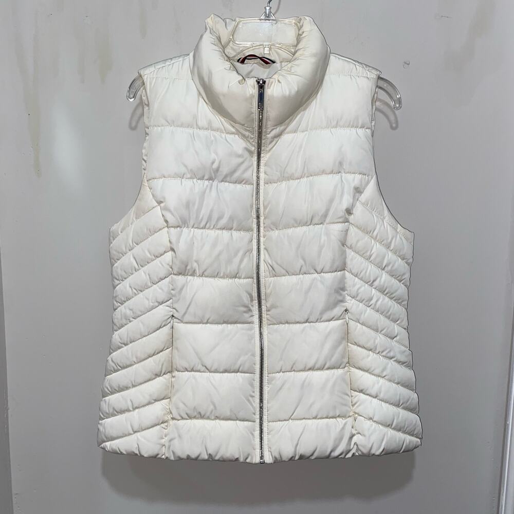 TOMMY HILFIGER White Puffer Vest Womens Size Large Zip Front Pockets High Collar